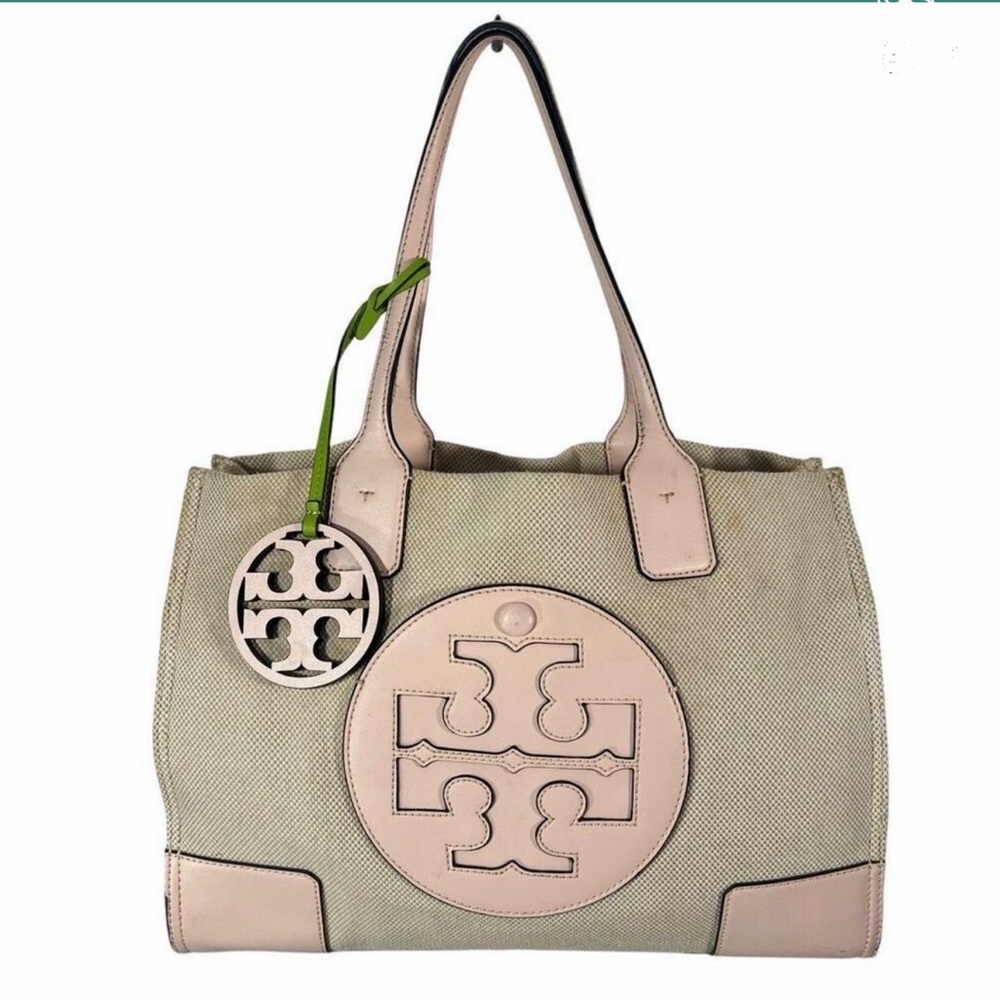 Tory Burch Beige and Pink Canvas Tote Purse Ella Model
